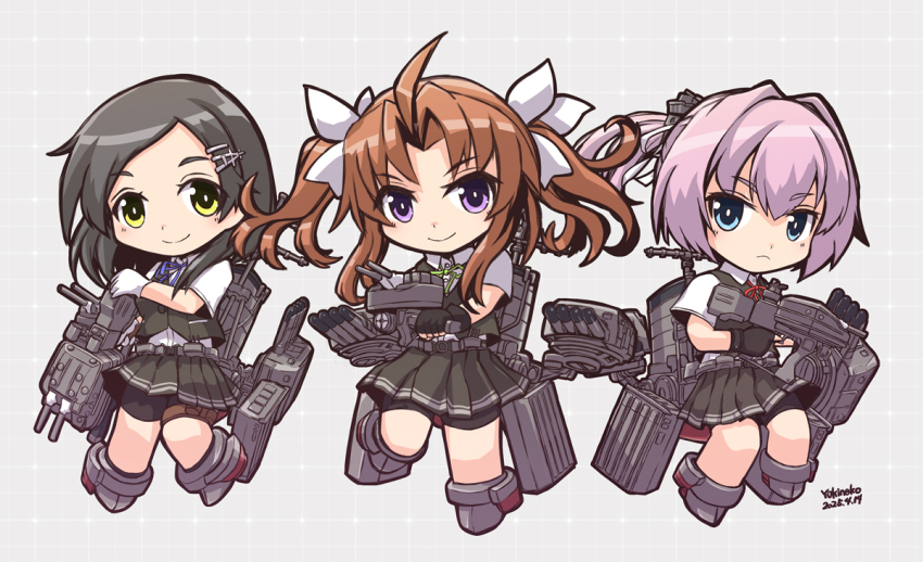 3girls adapted_turret ahoge bike_shorts bike_shorts_under_skirt black_gloves black_hair black_shorts black_skirt black_vest blue_eyes blue_ribbon brown_hair cannon chibi fingerless_gloves gloves green_ribbon hair_ornament hair_ribbon hairclip kagerou_(kancolle) kagerou_kai_ni_(kancolle) kantai_collection kuroshio_(kancolle) kuroshio_kai_ni_(kancolle) long_hair miniskirt multiple_girls neck_ribbon nekono_(yukineko) parted_bangs pink_hair pleated_skirt ponytail purple_eyes red_ribbon ribbon rigging school_uniform shiranui_(kancolle) shiranui_kai_ni_(kancolle) shirt short_hair short_ponytail short_sleeves shorts shorts_under_skirt skirt smile smokestack torpedo torpedo_launcher twintails vest white_gloves white_ribbon white_shirt