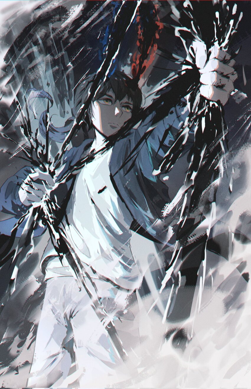1boy aiming archery asymmetrical_horns black_jacket bow bow_(weapon) brown_hair commentary highres holding holding_bow_(weapon) holding_weapon horns incoming_attack jacket kapxapius looking_at_another mismatched_horns original pants ponytail shirt short_ponytail smoke solo tower_of_god twenty-fifth_bam weapon white_pants white_shirt yellow_eyes