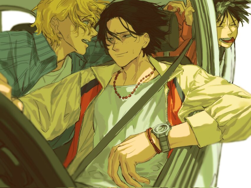 3boys :p black_hair blonde_hair blue_shirt bracelet brothers car closed_eyes closed_mouth collared_jacket commentary_request crew_neck driving elbow_rest facial_scar fingernails floating_hair hair_behind_ear highres jacket jewelry korean_commentary leaff00 long_sleeves looking_back male_focus monkey_d._luffy motor_vehicle multiple_boys necklace one_piece open_clothes open_jacket open_shirt portgas_d._ace red_shirt sabo_(one_piece) scar scar_on_cheek scar_on_face seatbelt shirt short_hair siblings simple_background sitting smile steering_wheel striped_clothes striped_shirt teeth tongue tongue_out unzipped watch white_background white_shirt wing_collar wristwatch zipper