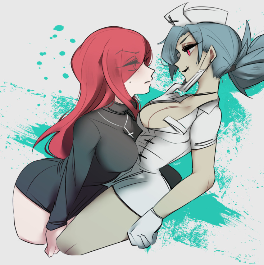 2girls blue_hair blush breasts cleavage cross cross_necklace eyes_visible_through_hair gloves hat highres jewelry large_breasts latex latex_gloves mask_pull multiple_girls necklace nurse_cap parasoul_(skullgirls) red_eyes red_hair sabi scar skirt skullgirls smile sweatdrop valentine_(skullgirls) yellow_eyes yuri