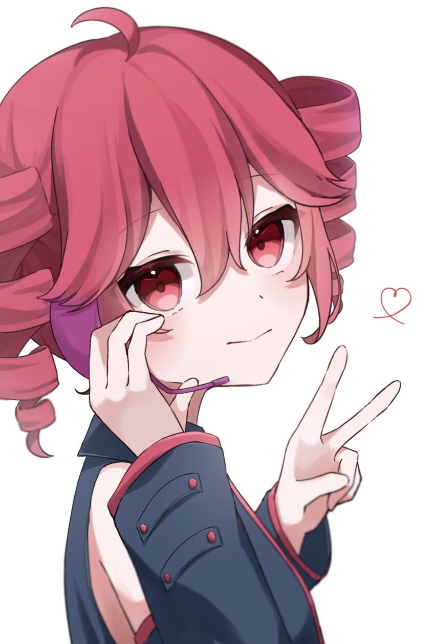 1girl ahoge black_shirt black_sleeves blush closed_mouth commentary_request detached_sleeves drill_hair from_side hair_between_eyes hands_up headphones highres kasane_teto kasane_teto_(utau) looking_at_viewer looking_to_the_side microphone nanase_setsu red_eyes red_hair shirt simple_background smile solo transparent_background twin_drills utau v
