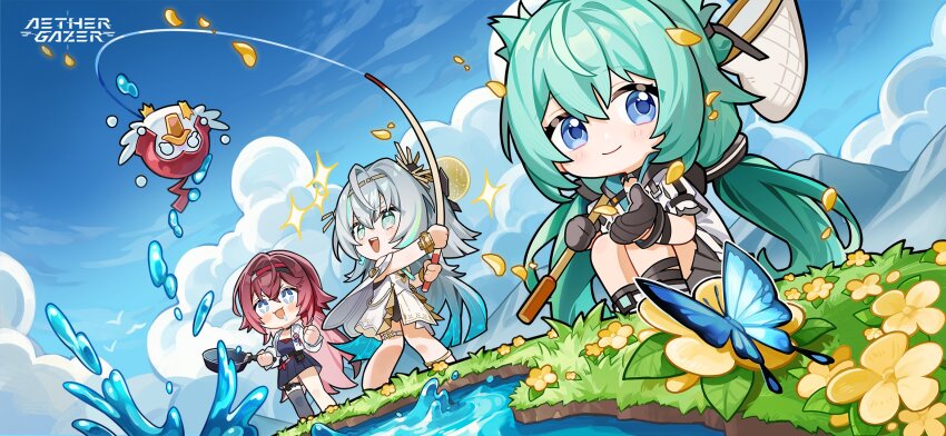 3girls aether_gazer artist_request black_dress black_gloves blue_butterfly blue_eyes blush brahma_(aether_gazer) bug butterfly butterfly_net closed_mouth cloud copyright_name dress drooling fishing fishing_rod flower frying_pan gloves green_hair grey_hair grey_thighhighs hand_net highres holding holding_butterfly_net holding_fishing_rod holding_frying_pan insect jacket long_hair multicolored_hair multiple_girls open_clothes open_jacket open_mouth osiris_(aether_gazer) single_thighhigh sky sparkle sparkling_eyes streaked_hair thighhighs verthandi_(aether_gazer) white_dress white_jacket yellow_flower yellow_petals