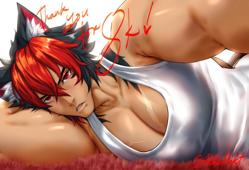 1boy animal_ears bara blush collarbone dog_boy facing_viewer komano_manato large_pectorals looking_at_viewer lying male_focus mokt_(alchemokt) multicolored_hair multiple_scars muscular muscular_male pectorals red_eyes scar scar_on_face shirt short_hair sleeveless sleeveless_shirt solo tan white_shirt zenless_zone_zero