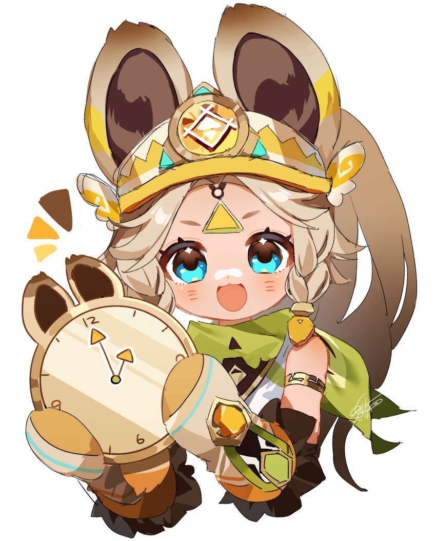 1girl :d animal_ears armlet artist_name bandana bandana_around_neck blue_eyes blush braid braided_sidelock brown_hair chinchilla_ears clock commentary_request dark-skinned_female dark_skin eyelashes fur-trimmed_mittens fur_trim genshin_impact gradient_hair green_bandana hands_up high_ponytail highres holding_clock jewelry kachina_(genshin_impact) long_hair looking_at_viewer meda_cha mittens multicolored_hair notice_lines open_mouth parted_bangs ponytail shirt short_eyebrows sidelocks signature simple_background sleeveless sleeveless_shirt smile solo upper_body visor_cap white_background white_mittens white_visor