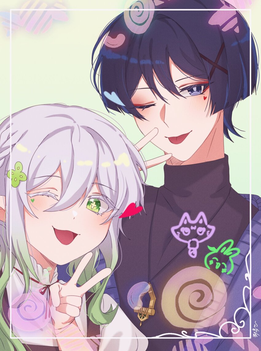 1boy 1girl alternate_costume black_shirt blouse blunt_ends border bright_pupils cardigan casual cat colored_eyelashes contemporary cross-shaped_pupils dlgodls0731 eyelashes eyeliner eyeshadow genshin_impact gold_pendant gradient_hair green_eyes green_hair green_pupils hair_between_eyes heart height_difference highres jewelry looking_at_viewer makeup multicolored_hair nahida_(genshin_impact) necklace one_eye_closed open_mouth puffy_sleeves purikura purple_cardigan purple_eyes purple_hair rabbit red_eyeliner red_eyeshadow scaramouche_(genshin_impact) shirt sidelocks symbol-shaped_pupils tongue tongue_out turtleneck turtleneck_shirt v wanderer_(genshin_impact) white_background white_border white_eyelashes white_hair white_pupils white_shirt white_sleeves