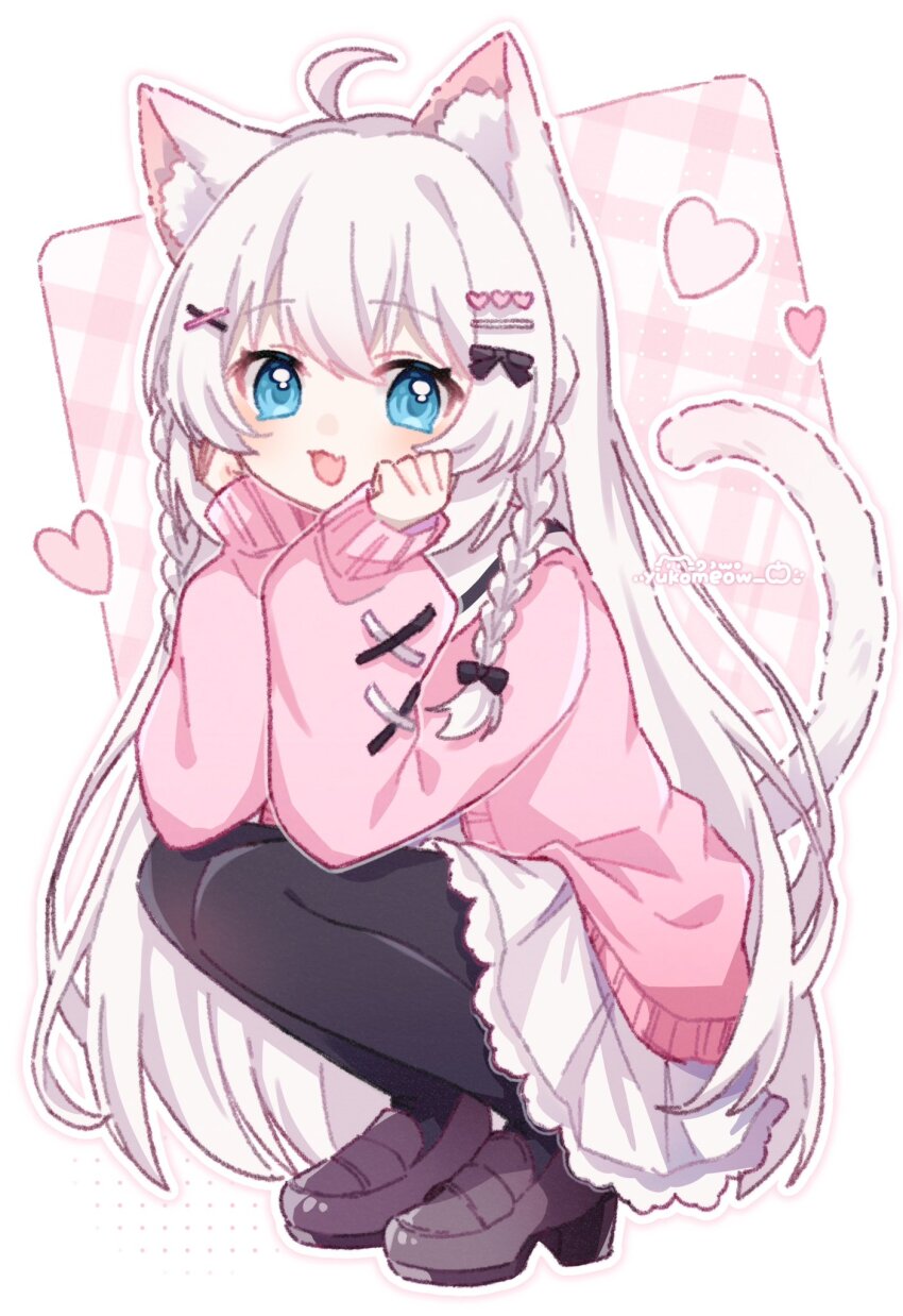 1girl ahoge animal_ear_fluff animal_ears arm_support artist_name black_pantyhose black_ribbon blue_eyes border braid brown_shoes cardigan cat_ears cat_girl cat_tail clenched_hands commentary fang frilled_skirt frills full_body hair_ornament hair_ribbon hairclip heart heart_hair_ornament highres loafers long_hair long_sleeves looking_at_viewer open_mouth original outline pantyhose pink_background pink_cardigan plaid_background ribbon sailor_collar shoes skin_fang skirt sleeves_past_wrists smile solo squatting symbol-only_commentary tail twin_braids very_long_hair white_border white_hair white_outline white_sailor_collar white_skirt x_hair_ornament yukomeow
