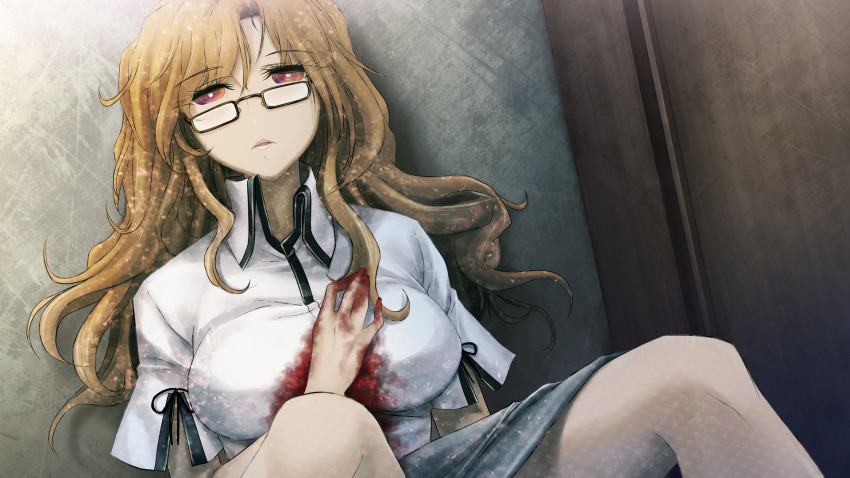 1girl black_ribbon black_trim bleeding blonde_hair blood blood_on_clothes blood_on_hands breasts buttons collared_shirt dying expressionless game_cg glasses hair_between_eyes hand_on_own_chest high_collar highres huke indoors injury jitome kiryuu_moeka knees_up large_breasts long_hair looking_at_viewer messy_hair miniskirt non-web_source official_art open_collar open_mouth phone pink_eyes pink_lips ribbon ringed_eyes shiny_lips shirt short_sleeves sitting skirt sleeve_slit solo square_pupils steins;gate thick_thighs thighs white_shirt