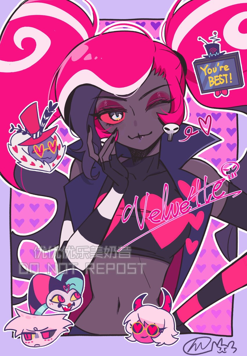 2girls 4boys absurdres angel_dust coat dark-skinned_female dark_skin demon_girl fizzarolli_(helluva_boss) hazbin_hotel helluva_boss highres long_hair looking_at_viewer multiple_boys multiple_girls pink_hair slit_pupils stomach twintails valentino_(hazbin_hotel) velvette_(hazbin_hotel) verosika_mayday very_long_hair vox_(hazbin_hotel) yoyoimilkshake