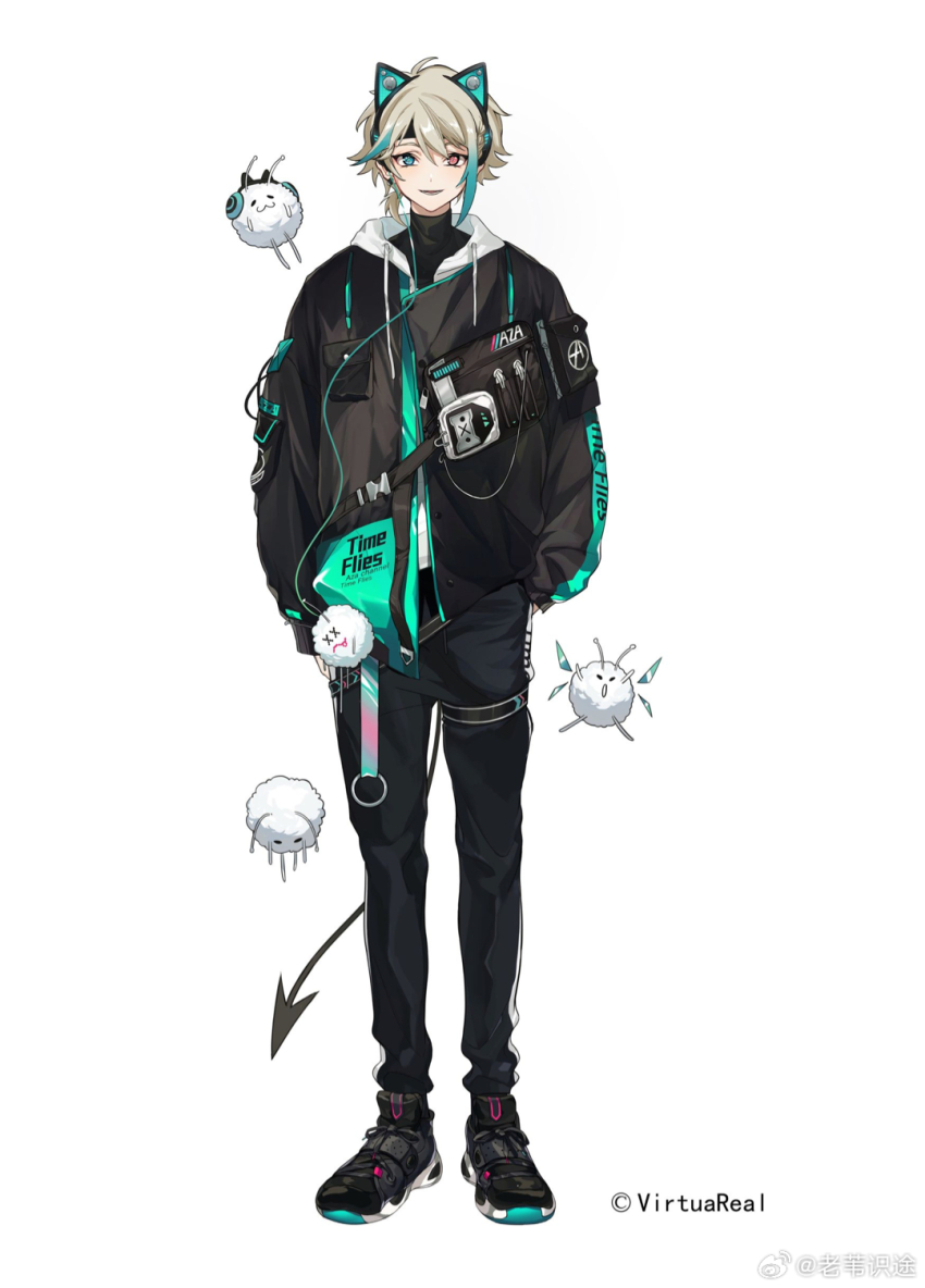 1boy animal_ear_headphones animal_ears aza_(virtuareal) black_jacket blonde_hair blue_eyes blue_hair cat_ear_headphones copyright_notice demon_tail fake_animal_ears full_body headphones heterochromia highres jacket laowei_shi_tu looking_at_viewer male_focus nijisanji pink_eyes solo standing tail virtuareal watermark weibo_username weibo_watermark white_background
