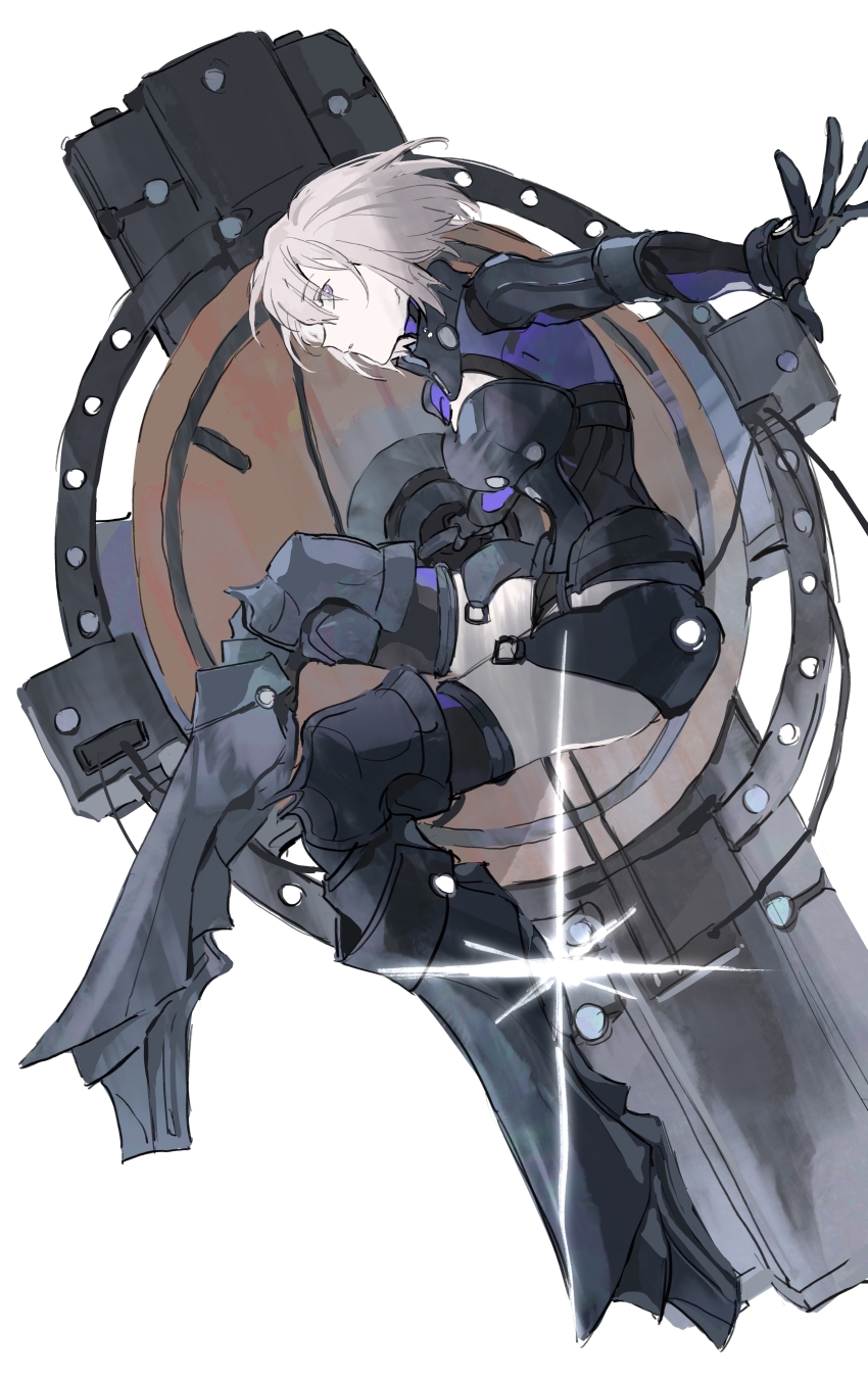 1girl absurdres armor armored_boots armored_leotard black_armor black_gloves boots fate/grand_order fate_(series) full_body gauntlets gloves grey_hair highres holding holding_shield leotard looking_at_viewer mash_kyrielight mash_kyrielight_(ortenaus) mimulishizi mold_camelot profile purple_eyes shield short_hair simple_background solo white_background