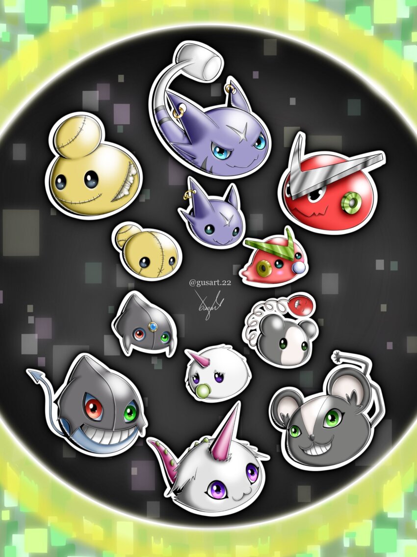 damemon digimon digimon_(creature) dracumon green_eyes gumdramon heterochromia highres horns looking_at_viewer opossummon oridigi psychemon shoutmon smile tail