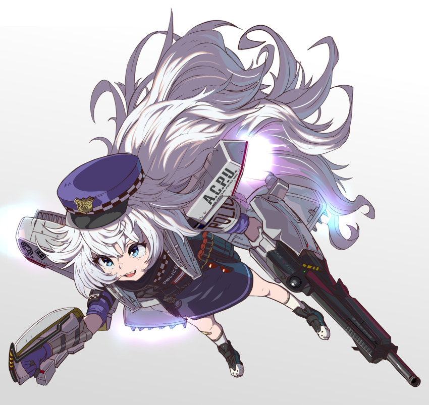 1girl armband armor bandaid bandaid_on_knee bandaid_on_leg blue_eyes bulletproof_vest full_body goddess_of_victory:_nikke hat highres holding holding_weapon jetpack long_hair poli_(nikke) police police_hat police_uniform policewoman robocop robocop_3 shoulder_armor sidelocks simple_background socks solo syope very_long_hair wavy_hair weapon white_background white_hair white_socks