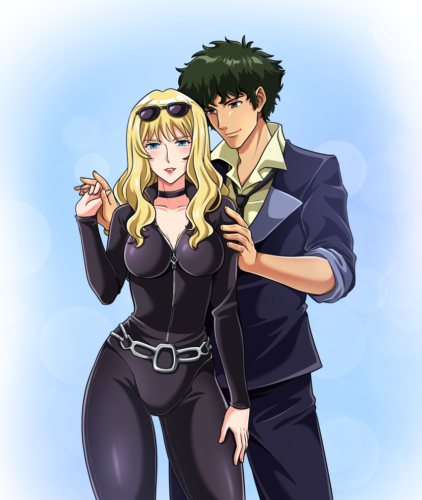 belt blonde_hair blue_eyes brown_eyes catsuit cowboy_bebop curly_hair heyra julia_(cowboy_bebop) leather spike_spiegel sunglasses