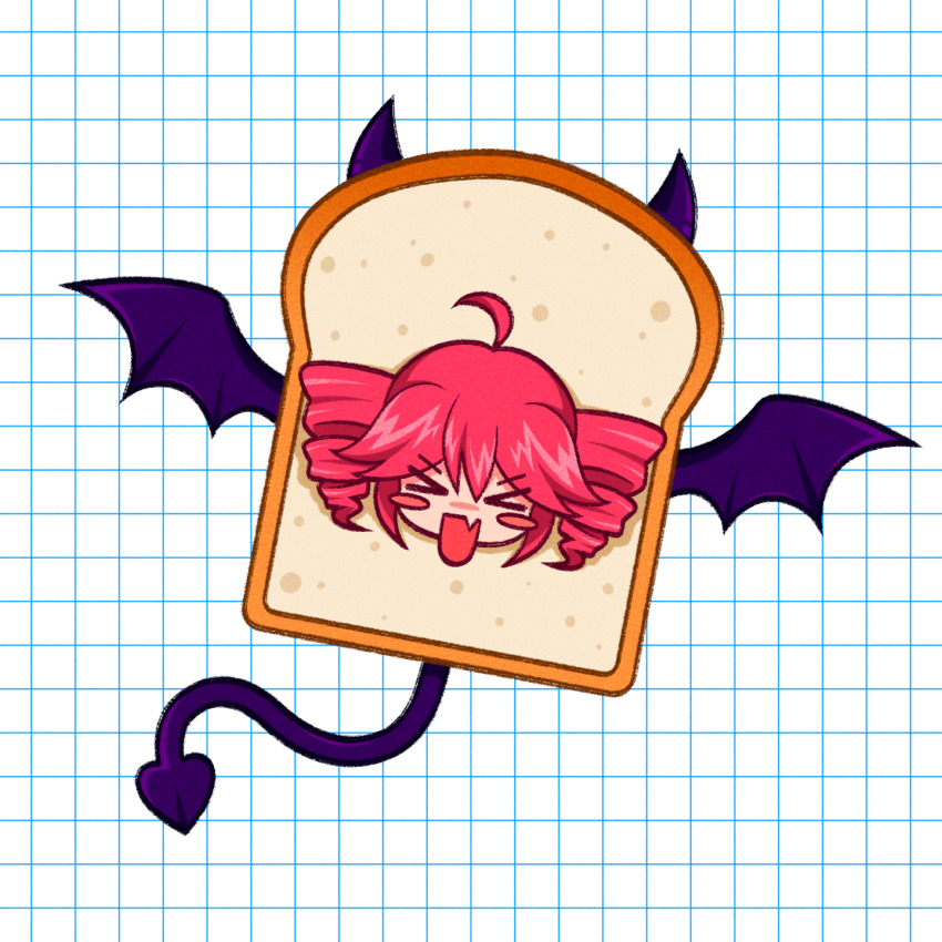 &gt;_&lt; 1girl ahoge blush_stickers bread bread_slice commentary cryptidhermit demon_horns demon_tail drill_hair english_commentary food grid_background highres horns kasane_teto open_mouth red_hair solo tail utau wings
