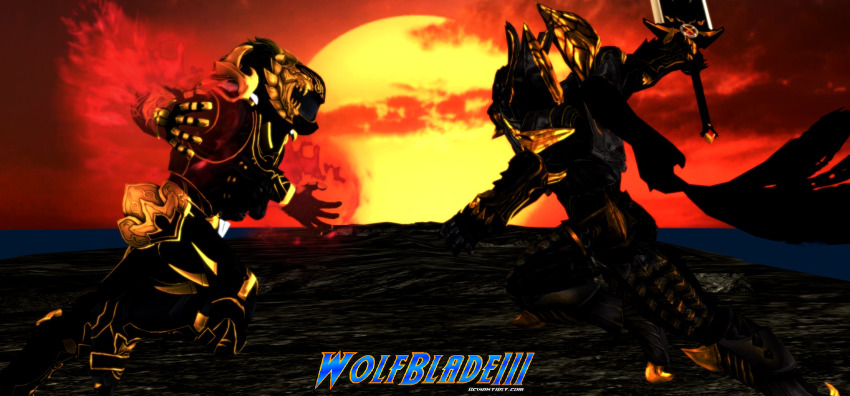 2boys armor barago_(garo) battle black_cape black_lion_rio cape character_request claws copyright_request daishi_(power_rangers) dark_knight fighting full_armor garo_(series) gauntlets glaive_(polearm) gloves helmet highres holding holding_sword holding_weapon huge_weapon juuken_sentai_gekiranger kiba knight multiple_boys polearm power_rangers power_rangers_jungle_fury shoulder_armor skull sunset super_sentai sword weapon