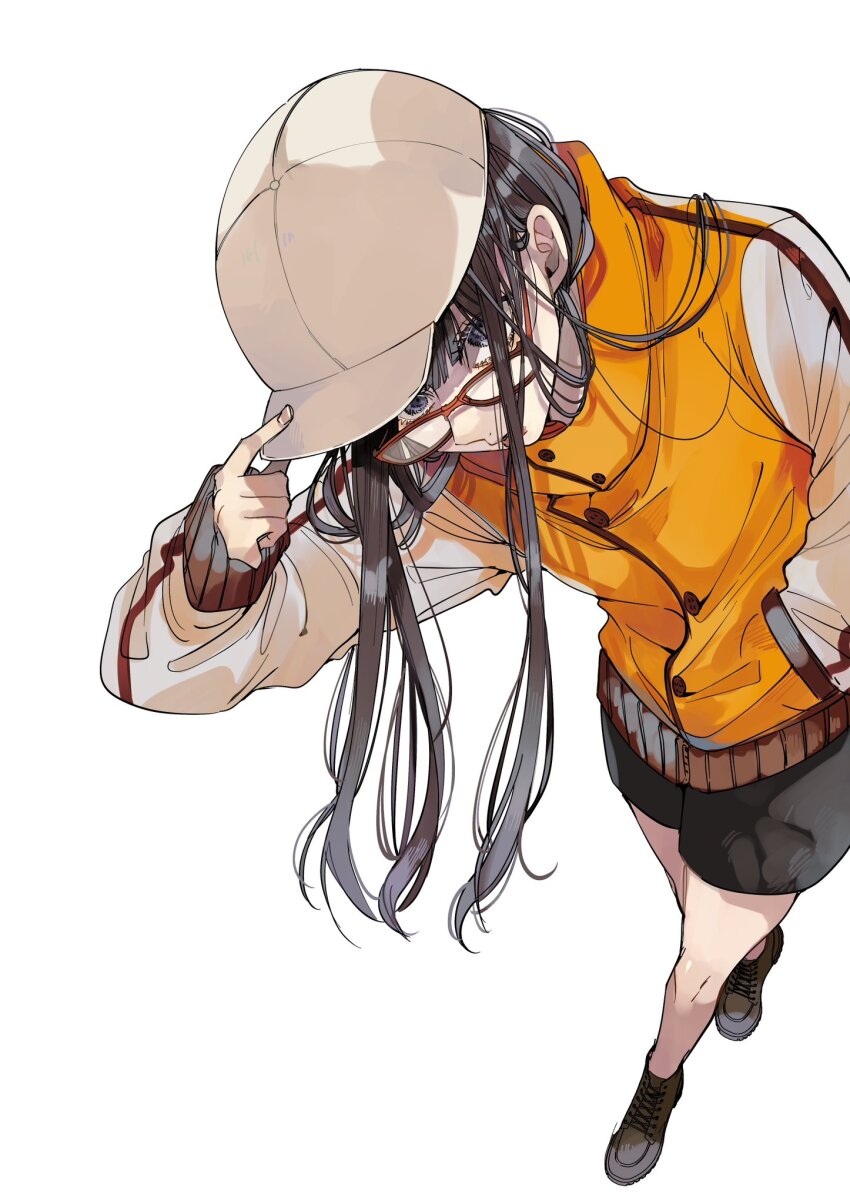 1girl youkai_gakkou_no_sensei_hajimemashita! bare_legs black_eyes black_hair glasses hat highres jacket official_art orange_jacket red-framed_eyewear shoes shorts tanaka_mai white_background white_hat youkai_gakkou_no_sensei_hajimemashita! zashiki_beniko