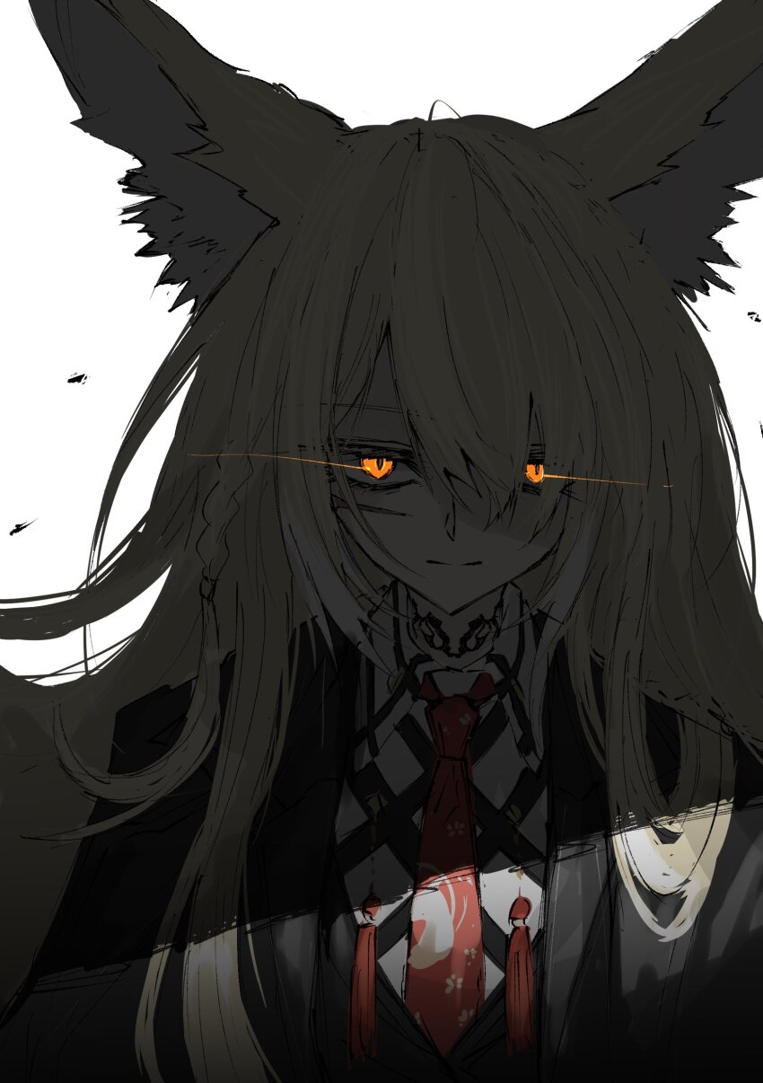 1girl absurdres aizettonagi animal_ears arknights black_jacket blonde_hair closed_mouth commentary eye_trail glowing glowing_eyes hair_between_eyes highres jacket light_smile light_trail long_hair looking_at_viewer necktie one-hour_drawing_challenge orange_eyes portrait red_necktie scar scar_across_eye scar_on_face shaded_face simple_background solo tassel vulpisfoglia_(arknights) white_background