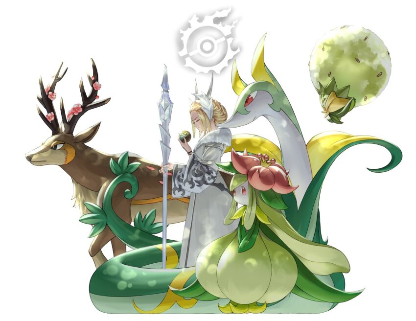 1girl 2021 antlers cherry_blossoms cloak crossover crown eldegoss final_fantasy final_fantasy_xiv gen_5_pokemon gen_8_pokemon holding holding_staff horns kan-e-senna lilligant nintendo pink_eyes pokemon pokemon_(creature) potion_lilac red_eyes sawsbuck sawsbuck_(spring) serperior simple_background staff white_cloak white_mage_(final_fantasy)