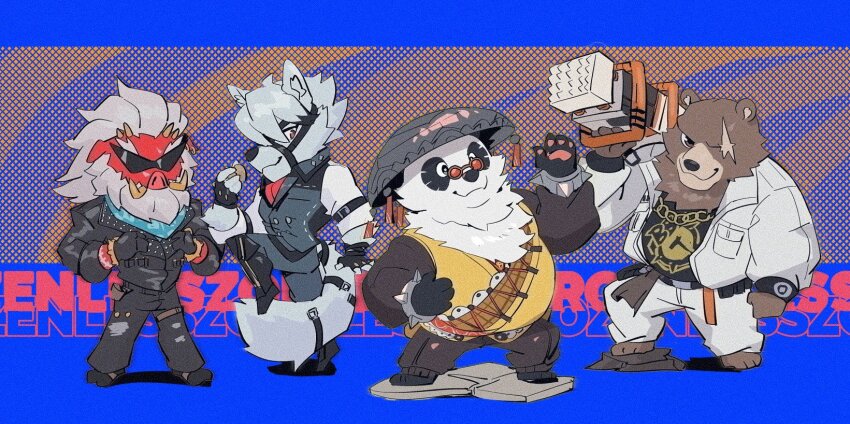 4boys animal_ears ascot bear_boy bear_ears beard ben_bigger big_daddy_(zenless_zone_zero) black_fur black_jacket black_pants black_tank_top black_vest blue_neckerchief boar_boy boar_ears bracelet brown_fur chain chibi chibi_only chinese_clothes closed_mouth commentary copyright_name cyanroll english_commentary english_text eyepatch facial_hair furry furry_male highres holding holding_pocket_watch holding_weapon jacket jewelry looking_at_viewer male_focus multicolored_fur multiple_boys neckerchief one_eye_covered over_shoulder pan_yinhu panda_boy pants pawpads pig_nose pocket_watch red_ascot round_eyewear scar scar_across_eye scar_on_face shirt smile spiked_bracelet spikes sunglasses tail tank_top tusks vest von_lycaon watch weapon weapon_over_shoulder white_fur white_hair white_jacket white_pants white_shirt wok wolf_boy wolf_ears wolf_tail yellow_shirt zenless_zone_zero
