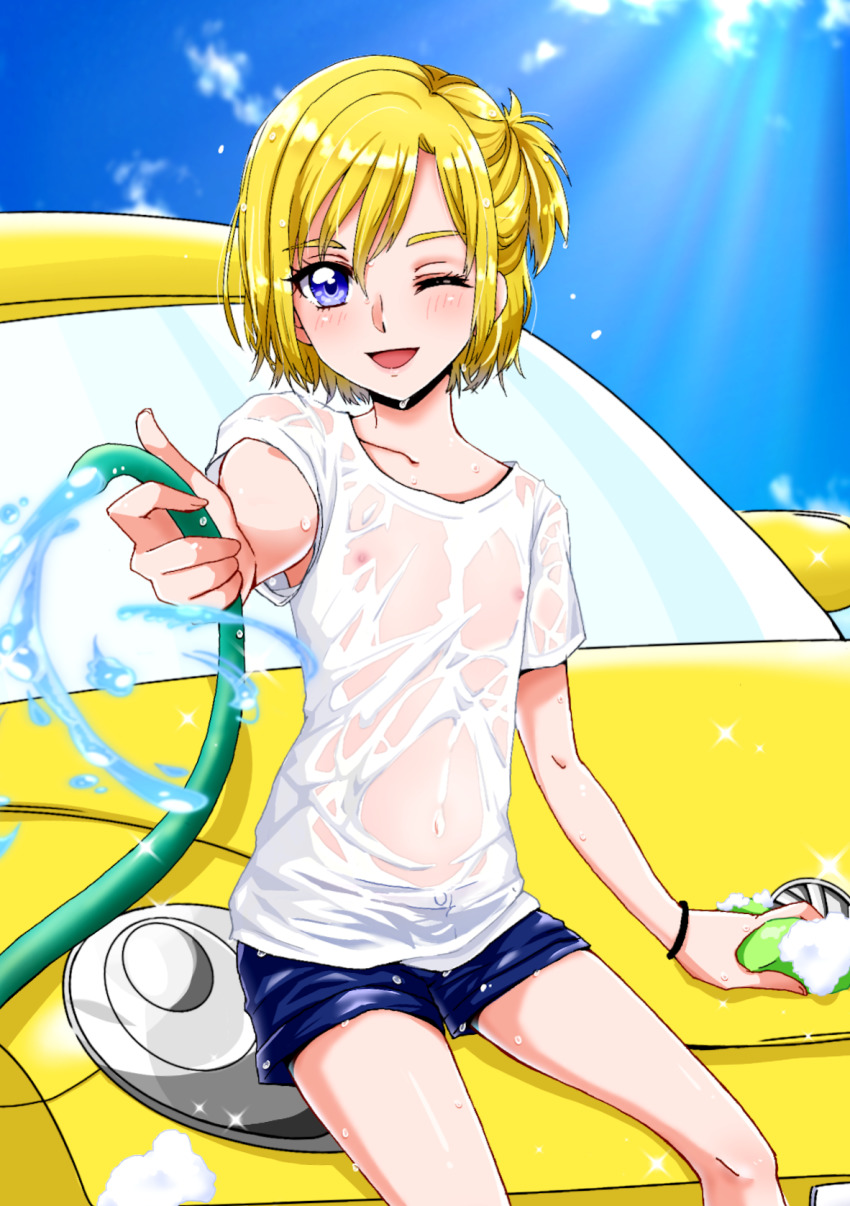1boy bad_id bad_pixiv_id bishounen blonde_hair car car_wash day hair_between_eyes highres hose hugtto!_precure looking_at_viewer maid_headdress male_focus motor_vehicle navel nipples on_car on_vehicle one_eye_closed one_side_up outdoors precure purple_eyes reira_(reomimi0211) see-through_clothes see-through_shirt shirt short_shorts shorts sitting smile solo volkswagen volkswagen_beetle wakamiya_henri washing_vehicle water wet wet_clothes wet_shirt yellow_car