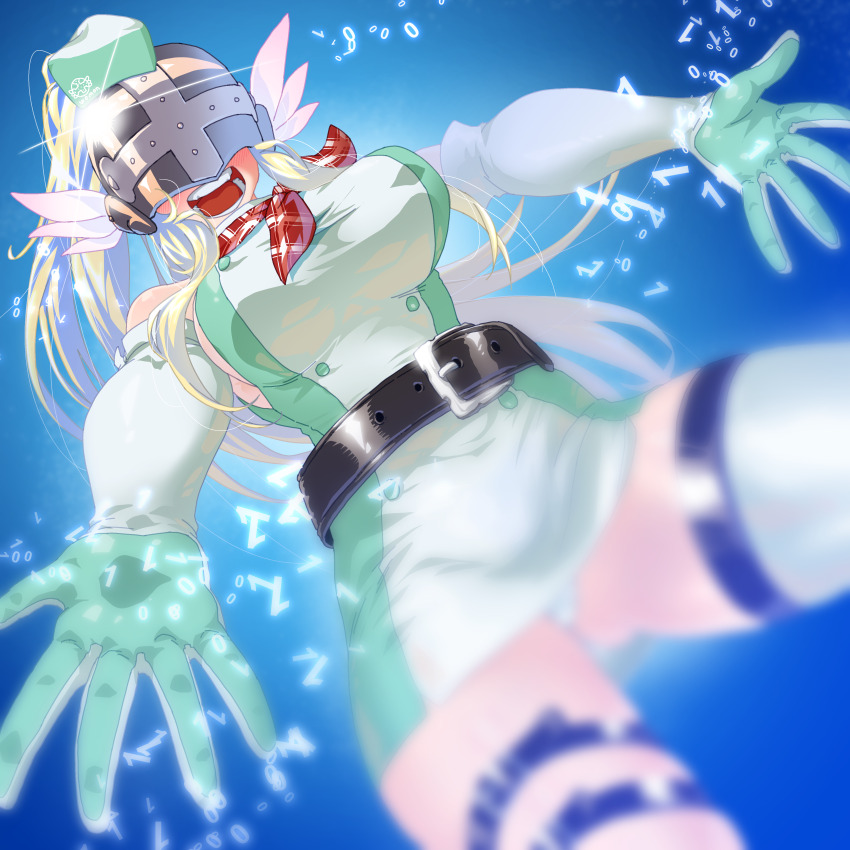 1girl absurdres angewomon bare_shoulders blonde_hair blurry blurry_foreground blush cosplay covered_eyes digimon digimon_(creature) digimon_story:_time_stranger dress elbow_gloves gerusyu gloves green_dress green_gloves helmet helmet_over_eyes high_ponytail highres long_hair panties ponytail sleeveless sleeveless_dress solo two-tone_dress underwear white_dress white_gloves white_panties winged_helmet yuuki_kanan yuuki_kanan_(cosplay)