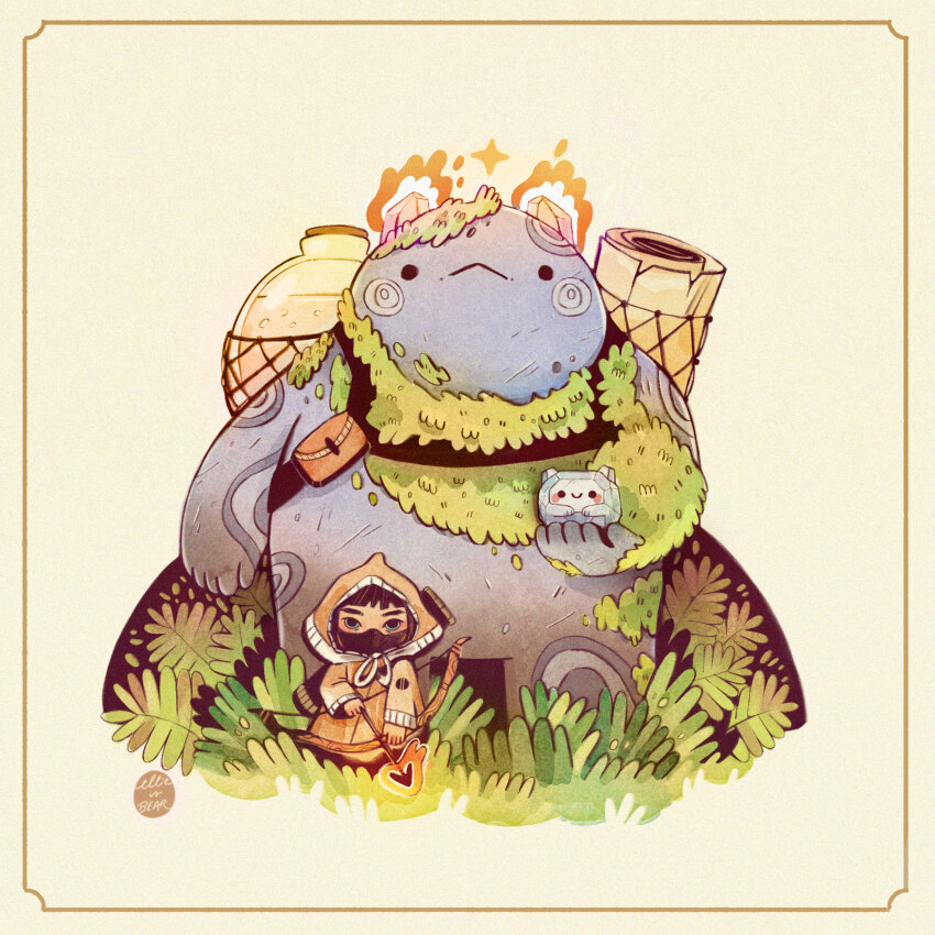 1girl arrow_(projectile) artist_name bag bow bow_(weapon) commentary creature ellievsbear english_commentary fantasy full_body grass highres holding hood looking_at_viewer monster moss original outdoors parchment plant signature solid_circle_eyes sparkle standing weapon yellow_background