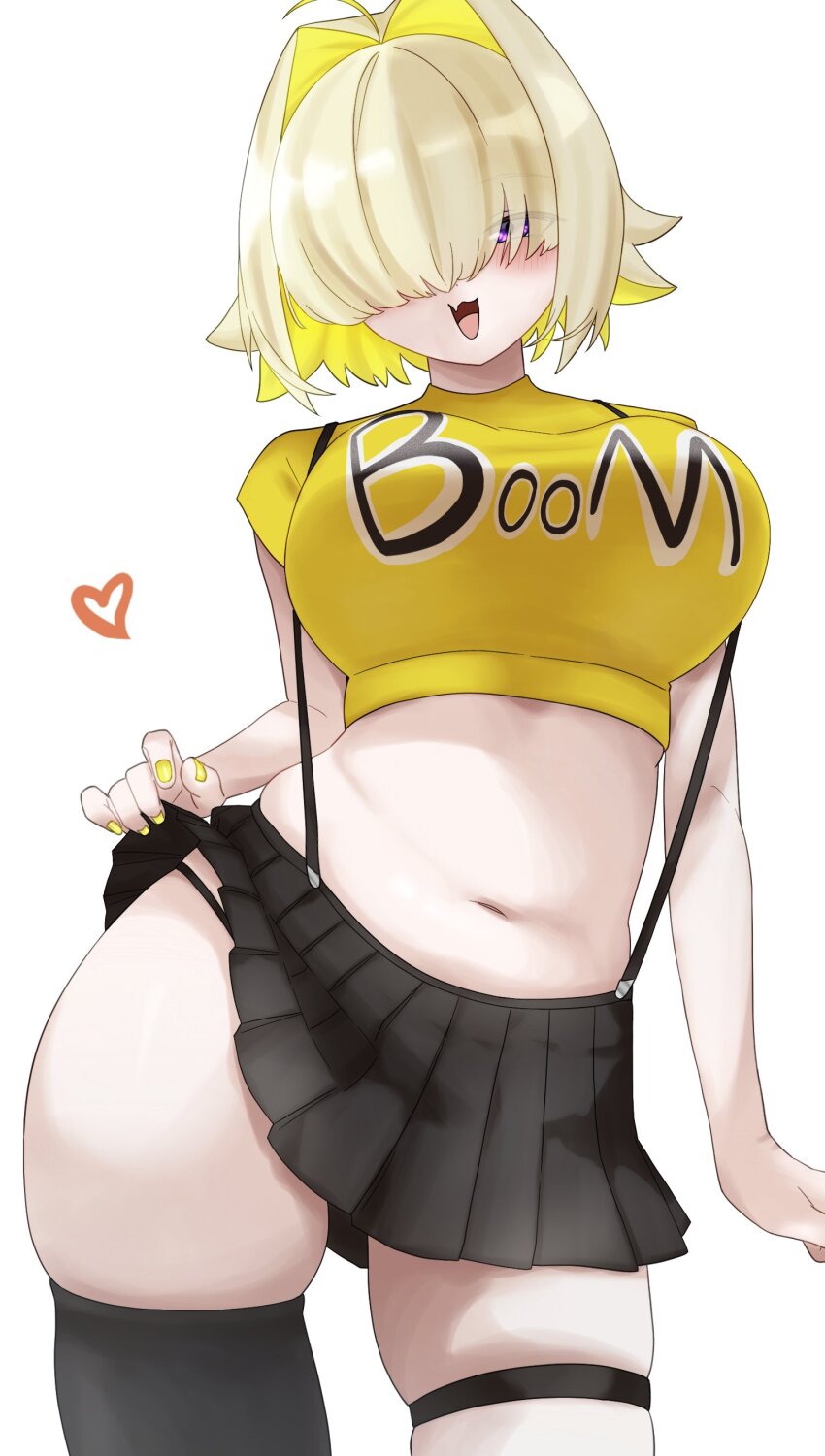 1girl absurdres ahoge alternate_costume aobaryuu black_panties black_skirt black_thighhighs blonde_hair breasts clothes_lift commentary_request crop_top elegg_(nikke) fang goddess_of_victory:_nikke hair_intakes highres large_breasts miniskirt navel open_mouth panties panty_straps purple_eyes short_hair simple_background single_thighhigh skin_fang skindentation skirt skirt_lift solo stomach suspender_skirt suspenders thighhighs thighs underwear white_background yellow_nails