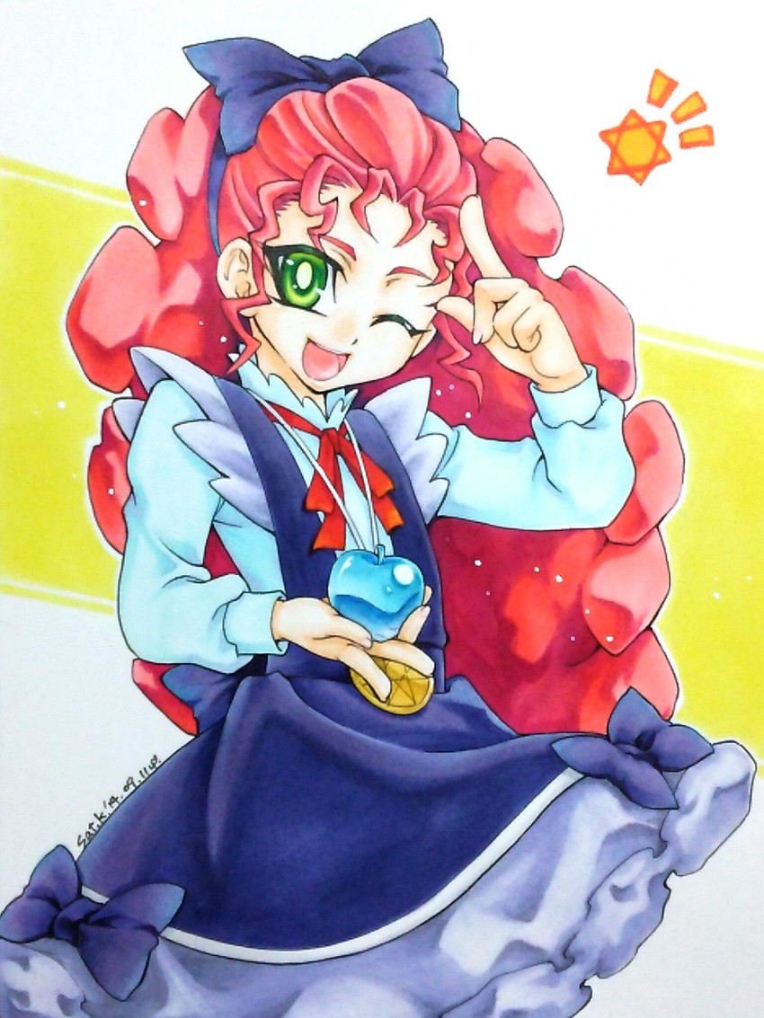 1girl batchiriguppy bow crystal crystal_apple female_focus green_eyes hair_bow highres hochun_mieru jewelry pendant red_hair solo yu-gi-oh! yu-gi-oh!_arc-v