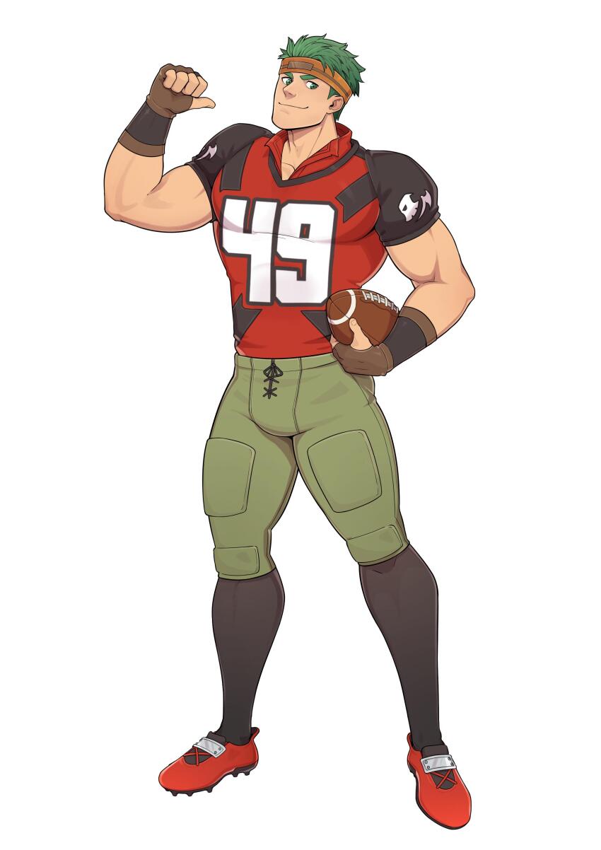 1boy absurdres alternate_costume american_football_(object) american_football_uniform ball bara boyd_(fire_emblem) fingerless_gloves fire_emblem fire_emblem:_radiant_dawn full_body geckobara gloves green_eyes green_hair headband highres holding holding_ball male_focus muscular muscular_male nintendo pointing pointing_at_self red_footwear short_sleeves solo sportswear tight_clothes