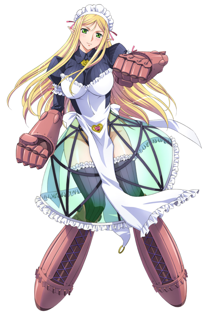 10s 1girl blonde_hair breasts female_focus full_body green_eyes highres koume_keito large_breasts long_hair maid official_art queen&#039;s_blade queen&#039;s_blade_lost_worlds queen&#039;s_blade_rebellion see-through_clothes see-through_skirt simple_background skirt smile solo vante white_background