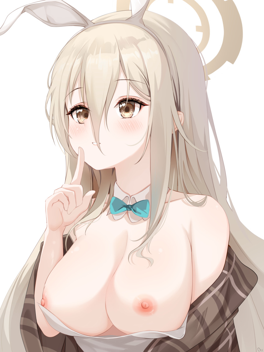 1girl absurdres akane_(blue_archive) akane_(bunny)_(blue_archive) animal_ear_hairband animal_ears armpit_crease blue_archive blue_bow blue_bowtie blush bow bowtie breasts breasts_out brown_hair brown_hairband brown_halo brown_scarf cleavage collar collarbone detached_collar double-parted_bangs eyelashes fake_animal_ears finger_to_mouth hair_between_eyes hairband halo hand_up highres index_finger_raised large_breasts leotard long_bangs long_hair looking_ahead nipples parted_lips plaid_clothes plaid_scarf playboy_bunny rabbit_ear_hairband rabbit_ears scarf shushing smile solo straight_hair teeth_bro upper_body variant_set white_background white_collar white_leotard