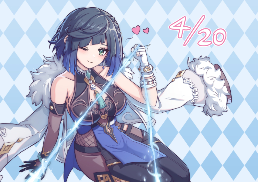 1girl argyle_background argyle_clothes asymmetrical_gloves bare_shoulders bead_choker blue_hair blush bob_cut breasts closed_mouth collarbone cowboy_shot dated diagonal_bangs dice elbow_gloves feather-trimmed_jacket fur-trimmed_jacket fur_trim genshin_impact gloves gradient_hair green_eyes heart highres holding holding_string jacket jacket_on_shoulders jewelry large_breasts looking_at_viewer mismatched_gloves mole mole_on_breast multicolored_hair neck_tassel one_eye_closed pelvic_curtain pov saylamars short_hair single_elbow_glove sitting smile solo string tassel tassel_choker two-tone_hair waist_cutout white_jacket yelan_(genshin_impact)