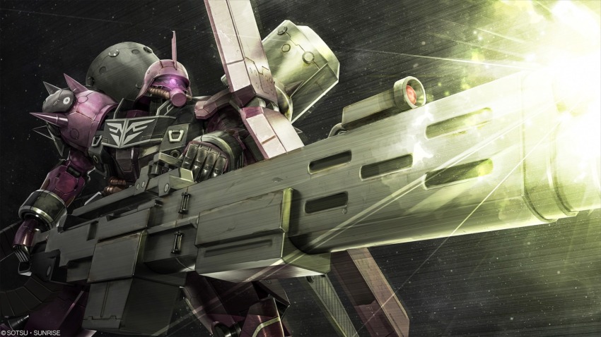 absurdres artist_request backpack bag beam_cannon cable company_name copyright_notice energy firing geara_zulu geara_zulu_angelo_sauper_custom generator glowing glowing_eye gundam gundam_battle_operation_2 gundam_unicorn highres holding holding_weapon machinery mecha mecha_focus mobile_suit neo_zeon official_art one-eyed pink_eyes radio_antenna realistic robot roundel science_fiction scope shoulder_spikes spikes sunrise_(company) upper_body weapon