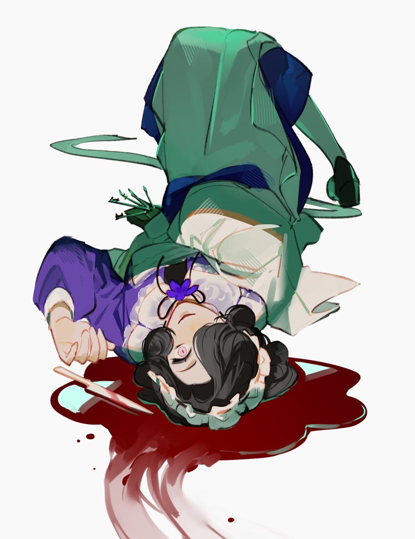 1girl absurdres apron black_footwear black_hair blood crazy_smile dress full_body hair_over_one_eye highres knees_up long_dress long_sleeves lying maid maid_headdress on_back one_eye_covered parted_lips pink_eyes purple_dress reverse:1999 short_hair smile solo table_knife tuesday_(reverse:1999) upside-down white_apron white_background ylceon