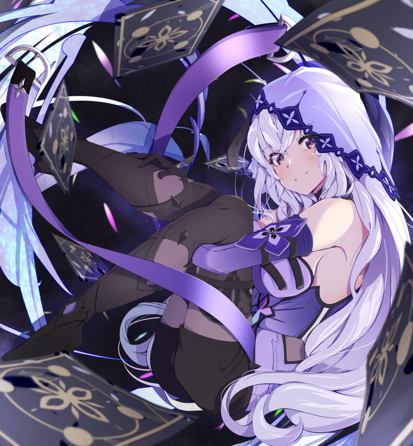 1girl absurdres black_footwear black_pantyhose black_swan_(honkai:_star_rail) card detached_sleeves dress elbow_gloves feathermage gloves hair_spread_out highres honkai:_star_rail honkai_(series) long_hair pantyhose purple_dress purple_hair purple_sleeves purple_veil solo tarot veil very_long_hair