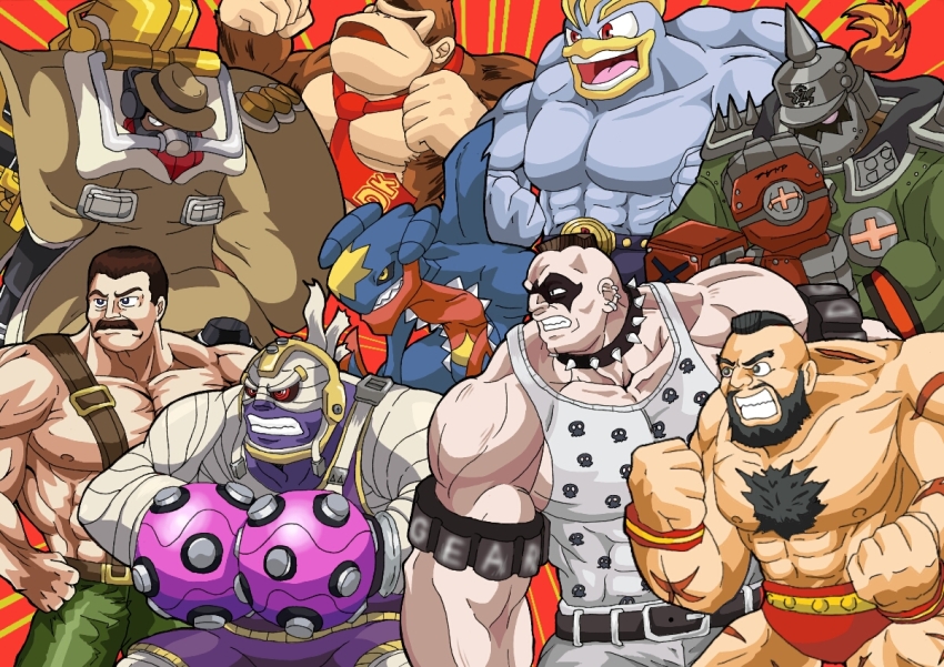 6+boys abigail_(final_fight) arms_(game) big_band black_hair brown_hair collar colored_skin crossover donkey_kong donkey_kong_(series) ear_piercing facial_hair final_fight garchomp gen_1_pokemon gen_4_pokemon giogiodedede green_pants guilty_gear guilty_gear_xrd hat machamp master_mummy_(arms) mike_haggar mohawk multiple_boys muscular muscular_male mustache necktie nintendo pants piercing pokemon pokemon_(creature) pokken_tournament potemkin_(guilty_gear) purple_skin red_eyes scar simple_background skullgirls spiked_collar spikes street_fighter topless_male trait_connection zangief