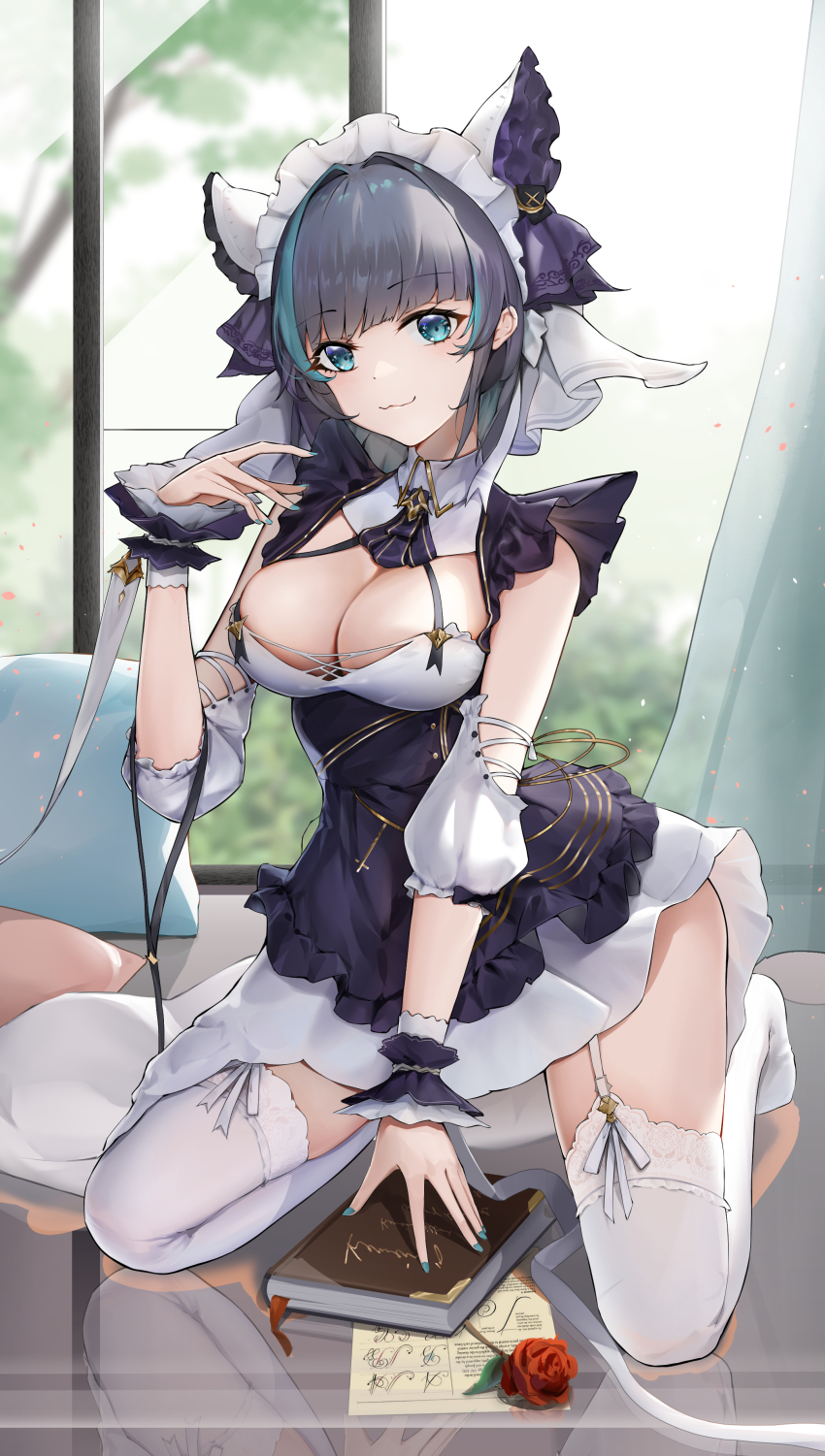 1girl absurdres andoff animal_band animal_ears apron arm_garter azur_lane book breasts cheshire_(azur_lane) cleavage detached_sleeves fake_animal_ears flower frilled_hairband frilled_ribbon frills garter_straps hairband hand_up highres holding holding_book kneeling maid maid_headdress medium_breasts multicolored_hair no_shoes puffy_detached_sleeves puffy_sleeves purple_apron ribbon rose short_hair skirt solo streaked_hair thighhighs two-tone_hair white_skirt white_thighhighs wrist_cuffs