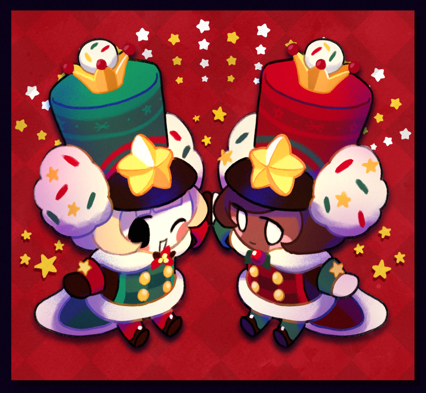 2others ;d akibevillage black_border black_eyes black_shoes blonde_hair bob_cut border brown_gloves brown_hair buttons cape checkered_background closed_mouth colored_skin commentary_request cookie_run cookie_run:_ovenbreak dark_skin double-breasted full_body fur-trimmed_cape fur_trim gloves green_cape green_hat green_pants hat hat_ornament highres long_sleeves looking_at_viewer multiple_others no_pupils official_alternate_costume one_eye_closed open_mouth other_focus pants pawn_black_cookie pawn_black_cookie_(winter_guard) pawn_white_cookie pawn_white_cookie_(winter_guard) red_background red_cape red_hat red_pants shako_cap shoes short_hair siblings simple_background smile star_(symbol) star_hat_ornament twins white_eyes white_gloves white_skin