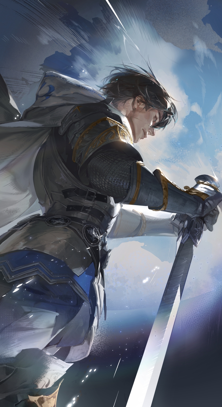 1boy absurdres adventurer_(ff14) armor black_hair blue_eyes cape closed_mouth cloud day final_fantasy final_fantasy_xiv gauntlets highres hyur male_focus outdoors paladin_(final_fantasy) pauldrons short_hair shoulder_armor sky solo sword tobu_(bilibil) warrior_of_light_(ff14) weapon white_cape