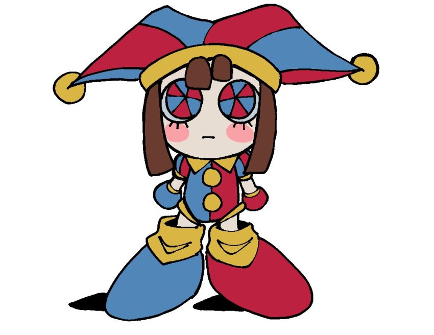 1girl asymmetrical_gloves blue_eyes blue_gloves brown_hair detached_eyes gloves hat hat_bell jester jester_cap koasku mismatched_gloves multicolored_eyes multicolored_hat pomni_(the_amazing_digital_circus) puffy_short_sleeves puffy_sleeves red_eyes red_gloves short_sleeves solo striped_clothes striped_headwear the_amazing_digital_circus two-tone_eyes two-tone_sash vertical-striped_bodysuit vertical-striped_clothes vertical-striped_headwear