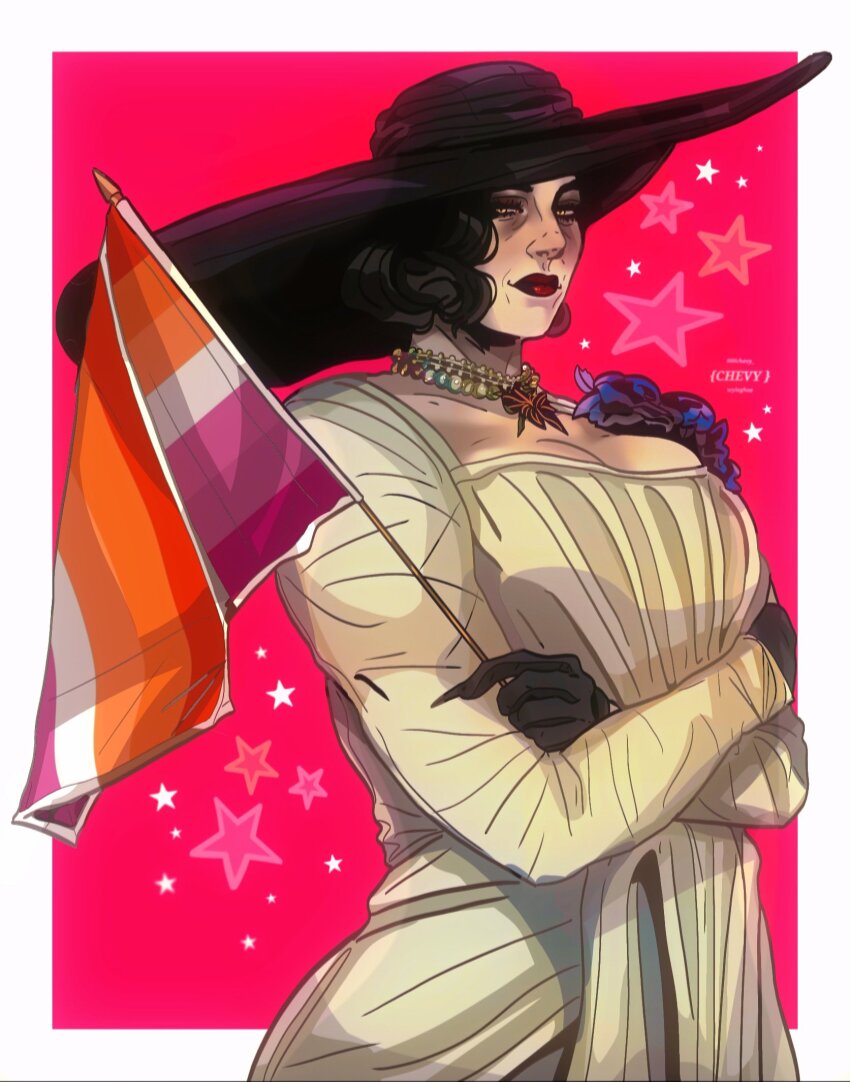 1girl 666chevy alcina_dimitrescu black_flower black_hair black_rose breasts cleavage corsage dress earrings flower gloves hat highres jewelry lesbian_flag looking_at_viewer mature_female necklace pale_skin red_lips resident_evil resident_evil_village rose short_hair solo sun_hat tall_female white_dress