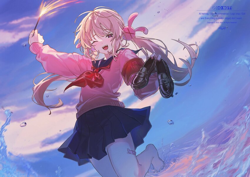 1girl armband bandaid bandaid_on_leg black_sailor_collar black_skirt blonde_hair blush commentary_request fangs hair_ornament highres holding holding_fireworks holding_shoes holding_unworn_clothes looking_at_viewer low_twintails natori_sana natori_sana_(school_uniform) neckerchief nllget one_eye_closed open_mouth outdoors pink_shirt rabbit_hair_ornament red_armband red_eyes red_neckerchief sailor_collar sana_channel school_uniform serafuku shirt shoes skirt solo teeth twintails unworn_shoes virtual_youtuber wading water watermark
