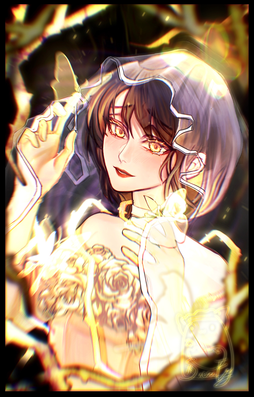 1girl absurdres alternate_eye_color blush bridal_veil bride brown_hair bug butterfly commentary crying crying_with_eyes_open flower happy_tears happy_valentine highres insect looking_at_viewer nose_blush red_lips sanliguilia short_hair solo tears tears_from_one_eye umineko_no_naku_koro_ni valentine veil yasu_(umineko) yellow_butterfly yellow_eyes