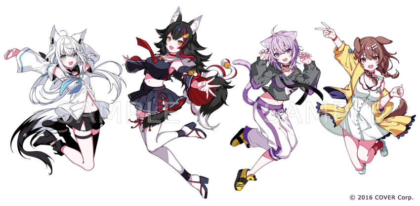 4girls :d ahoge animal_ear_fluff animal_ears bare_shoulders black_boots black_choker black_hair black_hoodie black_sandals black_shirt black_sleeves black_thighhighs blue_eyes blue_neckerchief bone_hair_ornament boots braid breasts brown_eyes brown_hair cat_ears cat_girl cat_tail choker claw_pose cleavage commentary_request copyright_notice crop_top cropped_shirt dog_ears dog_girl dog_tail dress fox_ears fox_girl fox_tail full_body hair_between_eyes hair_ornament hand_up hands_up high_heel_boots high_heel_sandals high_heels hololive hololive_gamers hood hood_down hoodie inugami_korone jacket large_breasts long_hair long_sleeves looking_at_viewer midriff multicolored_hair multiple_girls navel neckerchief necktie nekomata_okayu official_art ookami_mio open_clothes open_jacket open_mouth outstretched_arm outstretched_arms pants pleated_skirt purple_eyes purple_hair red_hair red_necktie red_socks sailor_collar sample_watermark sandals shirakami_fubuki shirt shoes short_hair simple_background single_thighhigh skirt sleeveless sleeveless_shirt smile socks streaked_hair tail tatejima_uri thigh_strap thighhighs twin_braids virtual_youtuber watermark white_background white_dress white_hair white_pants white_sailor_collar white_shoes white_sleeves white_thighhighs yellow_eyes yellow_jacket yellow_shoes