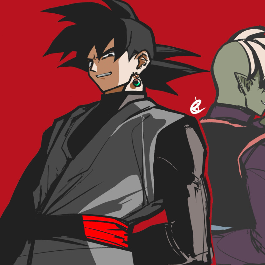 2boys arm_behind_back back-to-back black_bodysuit black_eyes black_hair blue_sash bodysuit colored_skin dougi dragon_ball dragon_ball_super earrings goku_black green_skin grin jewelry ldrcrest long_sleeves looking_at_viewer mohawk multiple_boys pointy_ears potara_earrings purple_shirt red_background red_sash saiyan sash shirt short_hair smile spiked_hair white_hair zamasu