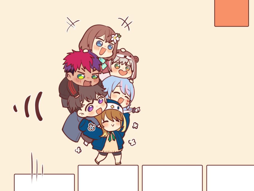 2boys 4girls ^_^ amicia_michella angon623 azura_cecillia bike_shorts black_hair black_shorts black_sweater blonde_hair blue_headwear blue_jacket blush brown_hair carrying carrying_person chibi closed_eyes dark-skinned_male dark_skin facial_tattoo fang flower green_eyes grey_jacket hair_flower hair_ornament hana_macchia highres jacket long_sleeves miyu_ottavia multicolored_hair multiple_boys multiple_girls nijisanji nijisanji_id open_mouth otter_costume pico_park pointing purple_eyes purple_hair reza_avanluna riksa_dhirendra shorts sleeves_past_fingers sleeves_past_wrists smile streaked_hair sweater tattoo v-shaped_eyebrows virtual_youtuber walking white_flower
