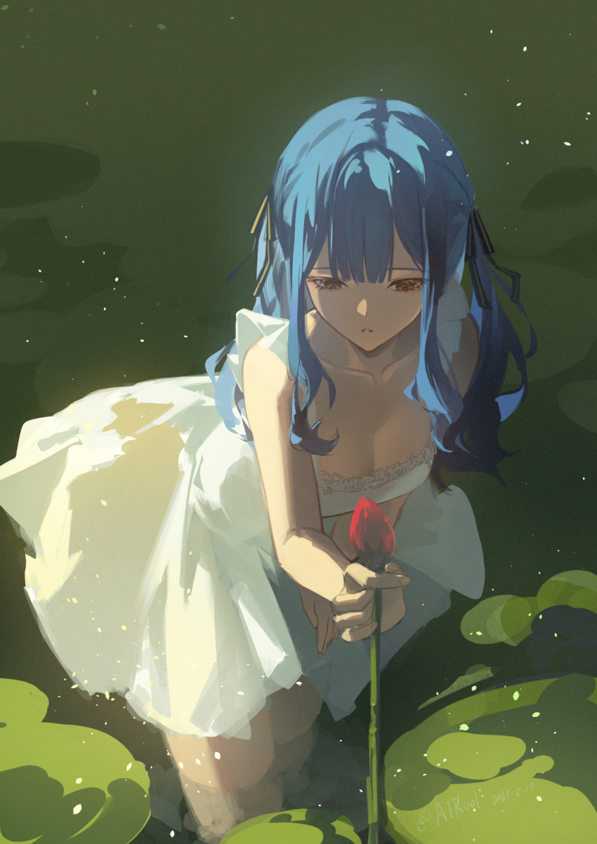 1girl airool bang_dream! bang_dream!_it&#039;s_mygo!!!!! between_fingers blue_hair breasts brown_eyes bud center-flap_bangs chinese_commentary cleavage collarbone commentary_request dress fingernails flower frilled_dress frills from_above hair_between_eyes half-closed_eyes hand_on_own_thigh highres holding holding_flower leaning_forward long_hair looking_at_flowers lotus lotus_leaf medium_breasts outdoors parted_lips pond red_flower short_dress sleeveless sleeveless_dress solo standing togawa_sakiko wading water white_dress