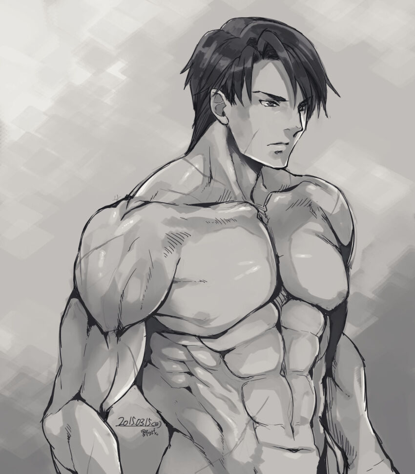 1boy abs bara commentary completely_nude dated fire_emblem fire_emblem:_radiant_dawn forehead greyscale highres large_pectorals male_focus monochrome multiple_scars muscular muscular_male navel nintendo nipples nude parted_bangs pectoral_cleavage pectorals scar serious shadow short_hair simple_background upper_body v-shaped_eyebrows yajiro_masaru zelgius_(fire_emblem)