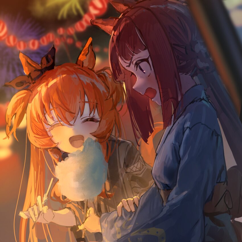 2girls absurdres animal_ears black_kimono blue_kimono blurry blurry_background blush bow brown_hair closed_eyes cotton_candy ear_bow eating festival fireworks food highres holding holding_another&#039;s_arm holding_cotton_candy holding_food horse_ears japanese_clothes kimono lantern long_hair mayano_top_gun_(umamusume) multiple_girls night obi open_mouth orange_hair outdoors paper_lantern sash smile sweep_tosho_(umamusume) two_side_up umamusume upper_body v-shaped_eyebrows yu_hydra yukata