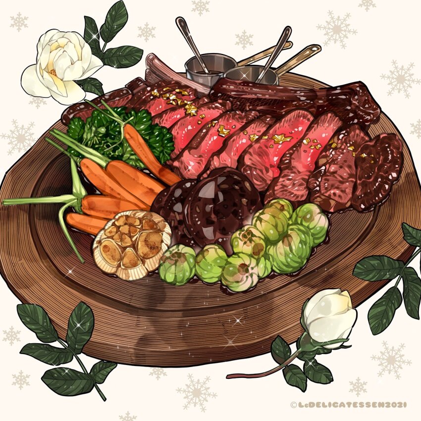 brussels_sprout carrot commentary copyright_notice english_commentary flower food food_focus garlic gold gravy highres le_delicatessen leaf meat original plate ribs_(food) rose snowflake_background sparkle spoon still_life white_background white_flower white_rose